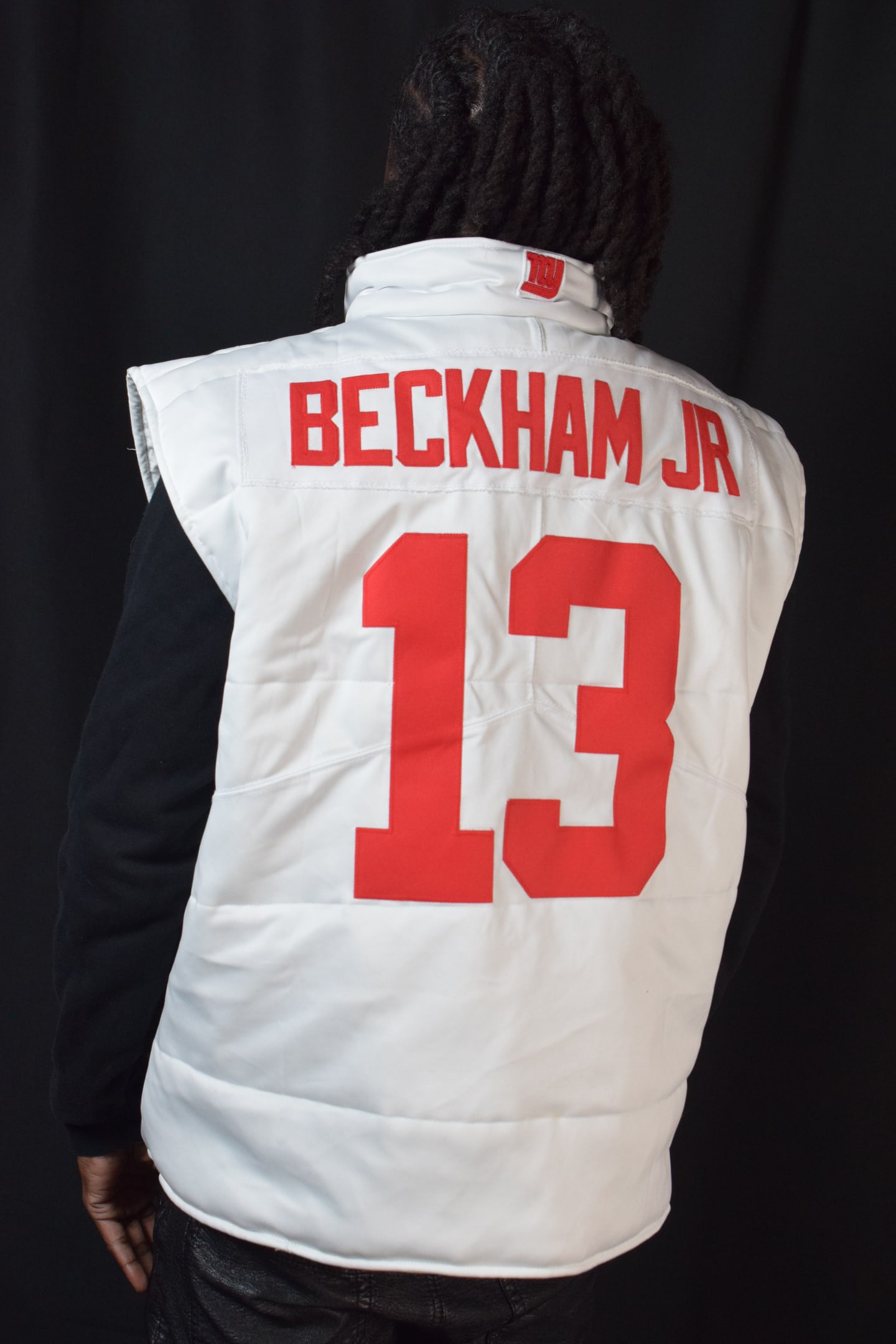 Custom TMADE puffer vest built from a New York Giants Beckham Jr number 13 jersey