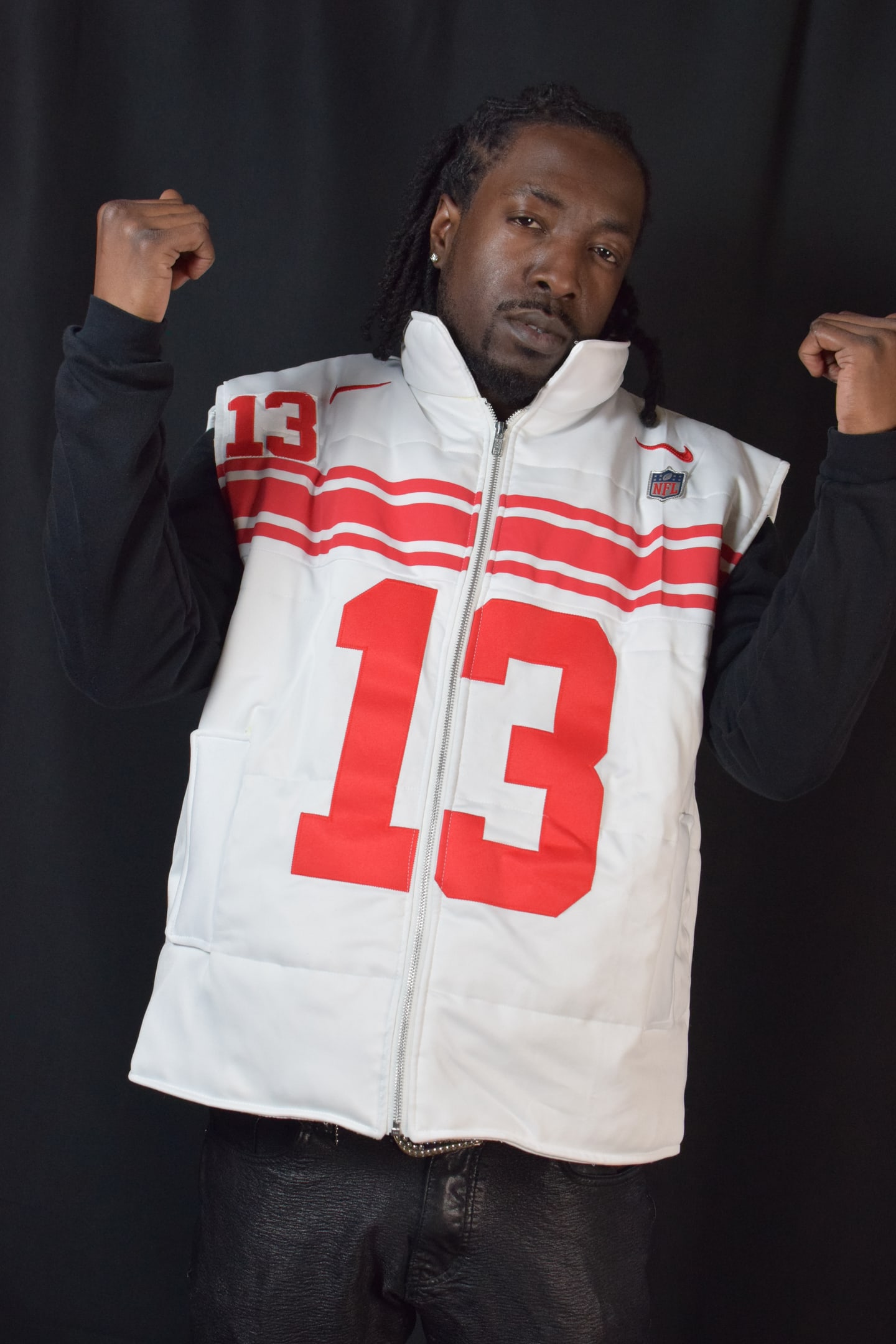 Custom TMADE puffer vest built from a New York Giants Beckham Jr number 13 jersey