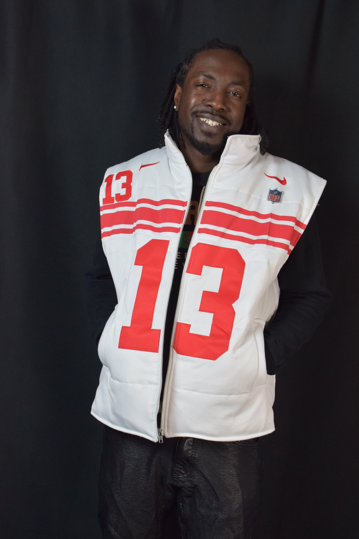 Custom TMADE puffer vest built from a New York Giants Beckham Jr number 13 jersey