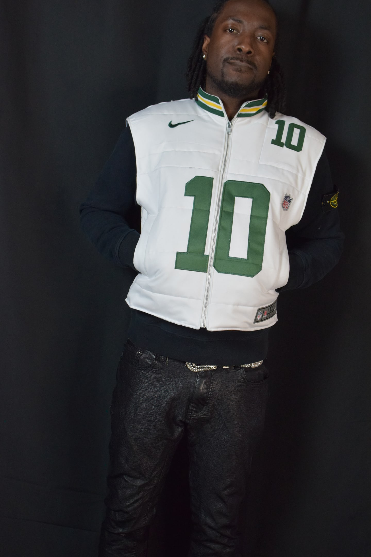 Custom TMADE puffer vest built from a Green Bay Packers Love number 10 jersey