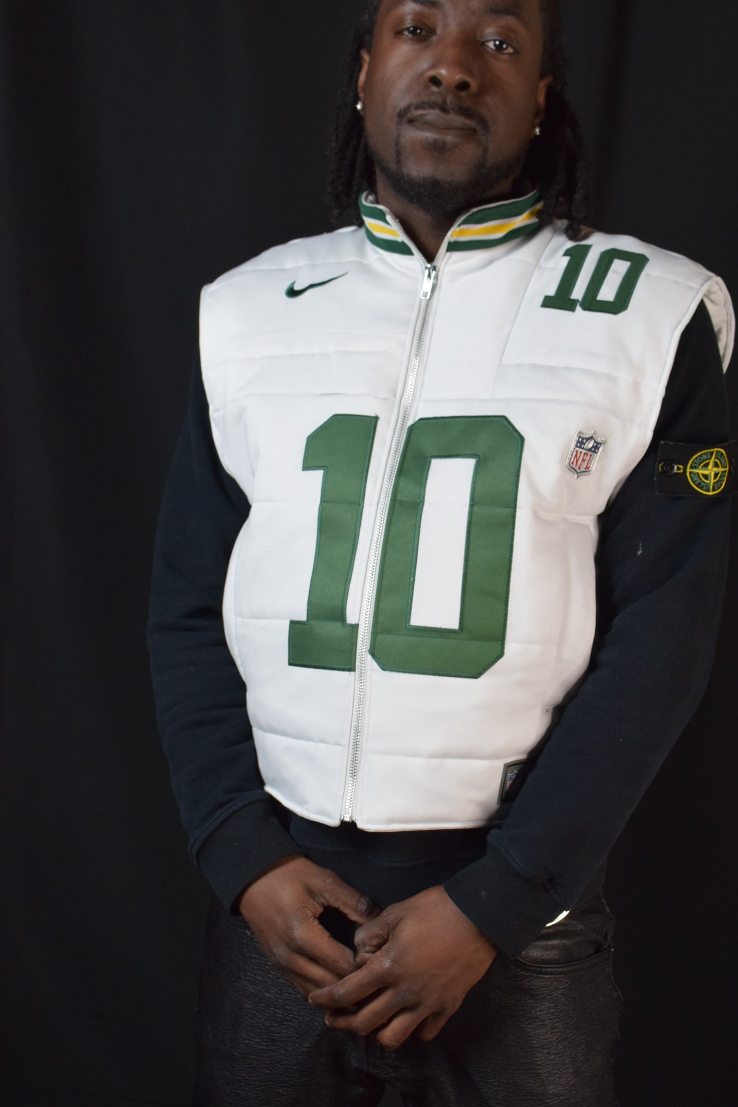 Custom TMADE puffer vest built from a Green Bay Packers Love number 10 jersey