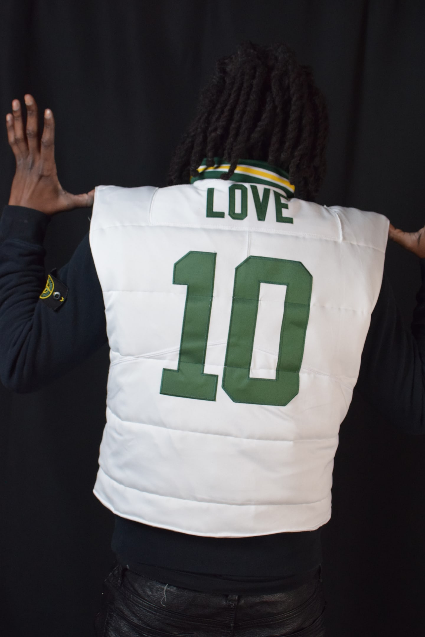 Custom TMADE puffer vest built from a Green Bay Packers Love number 10 jersey