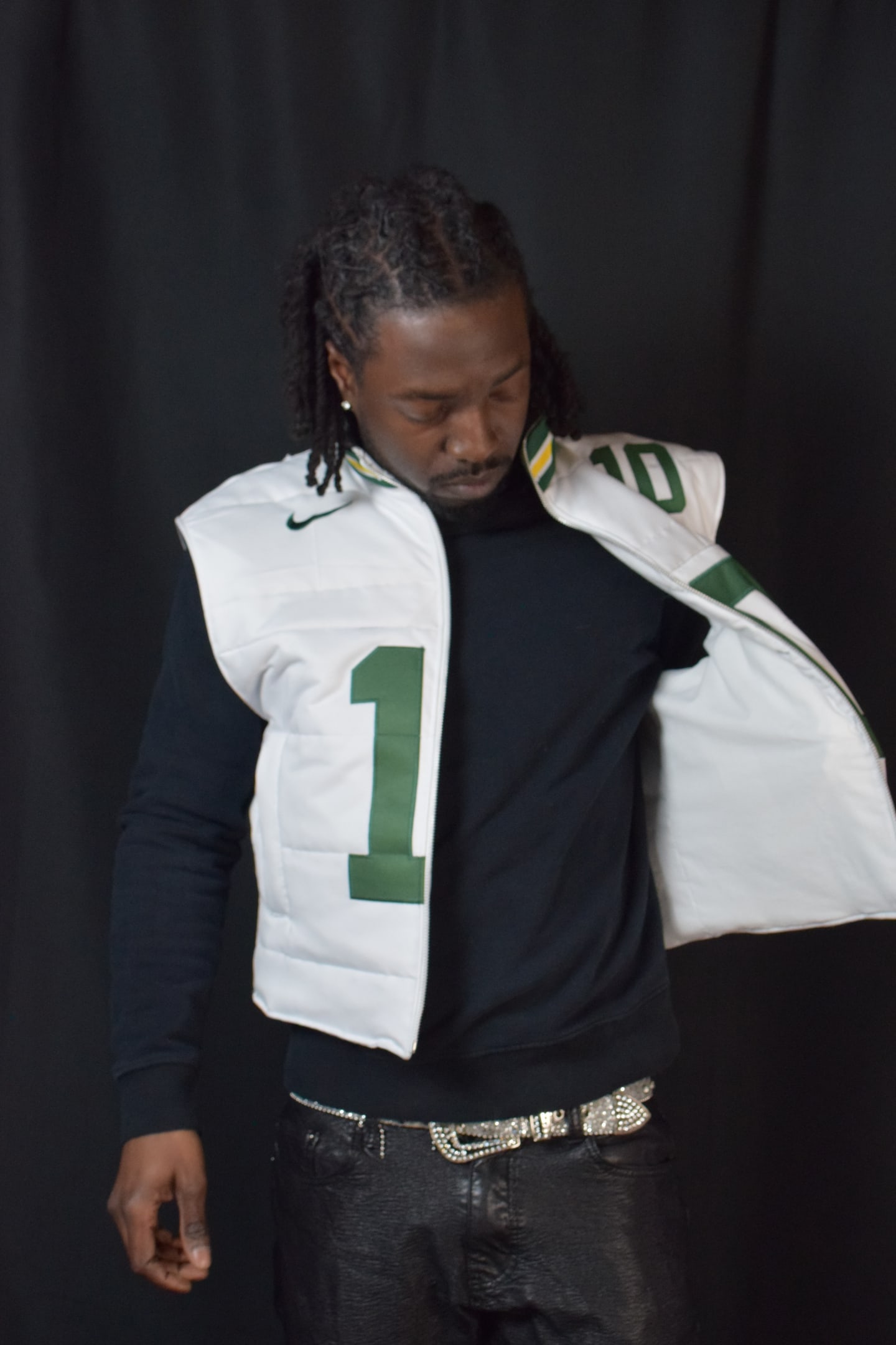 Custom TMADE puffer vest built from a Green Bay Packers Love number 10 jersey