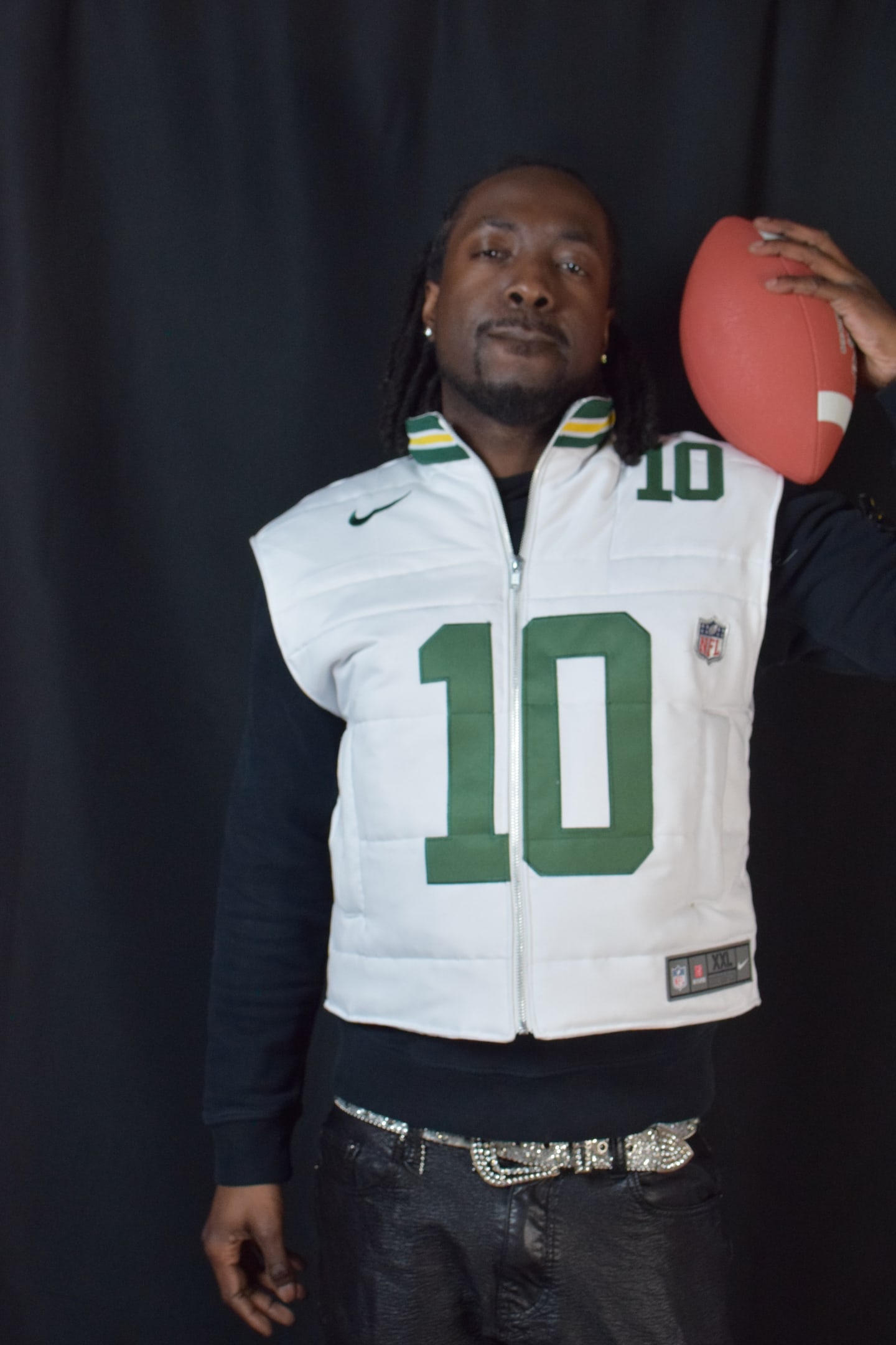 Custom TMADE puffer vest built from a Green Bay Packers Love number 10 jersey