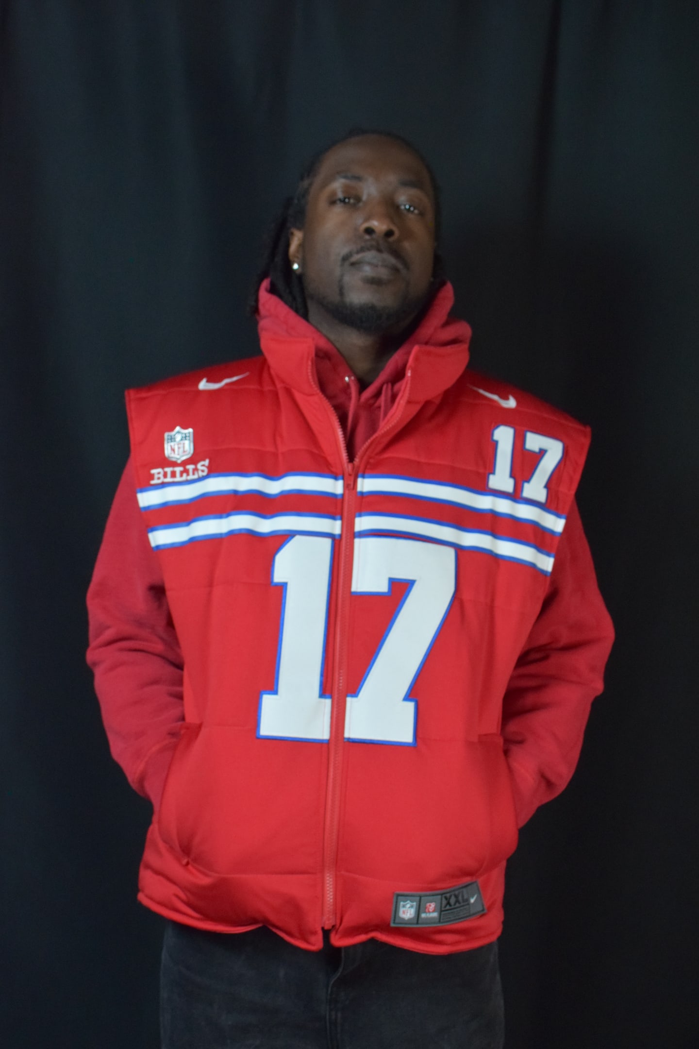 Custom TMADE puffer vest built from a Buffalo Bills Allen number 17 jersey