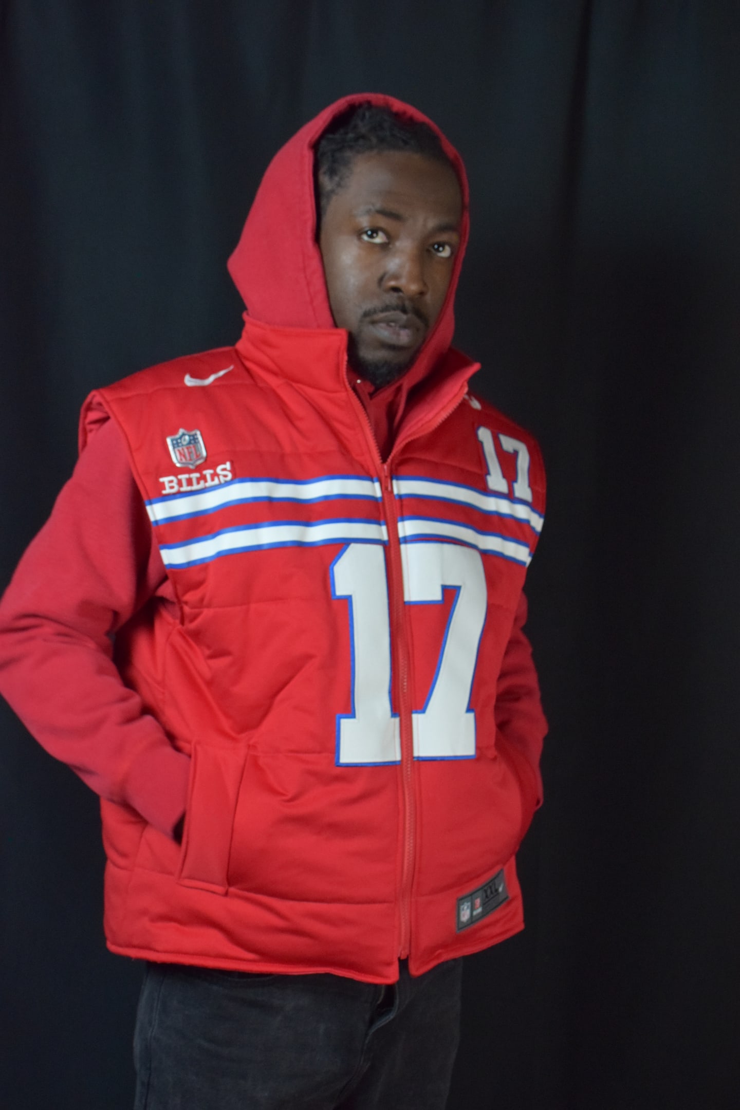 Custom TMADE puffer vest built from a Buffalo Bills Allen number 17 jersey