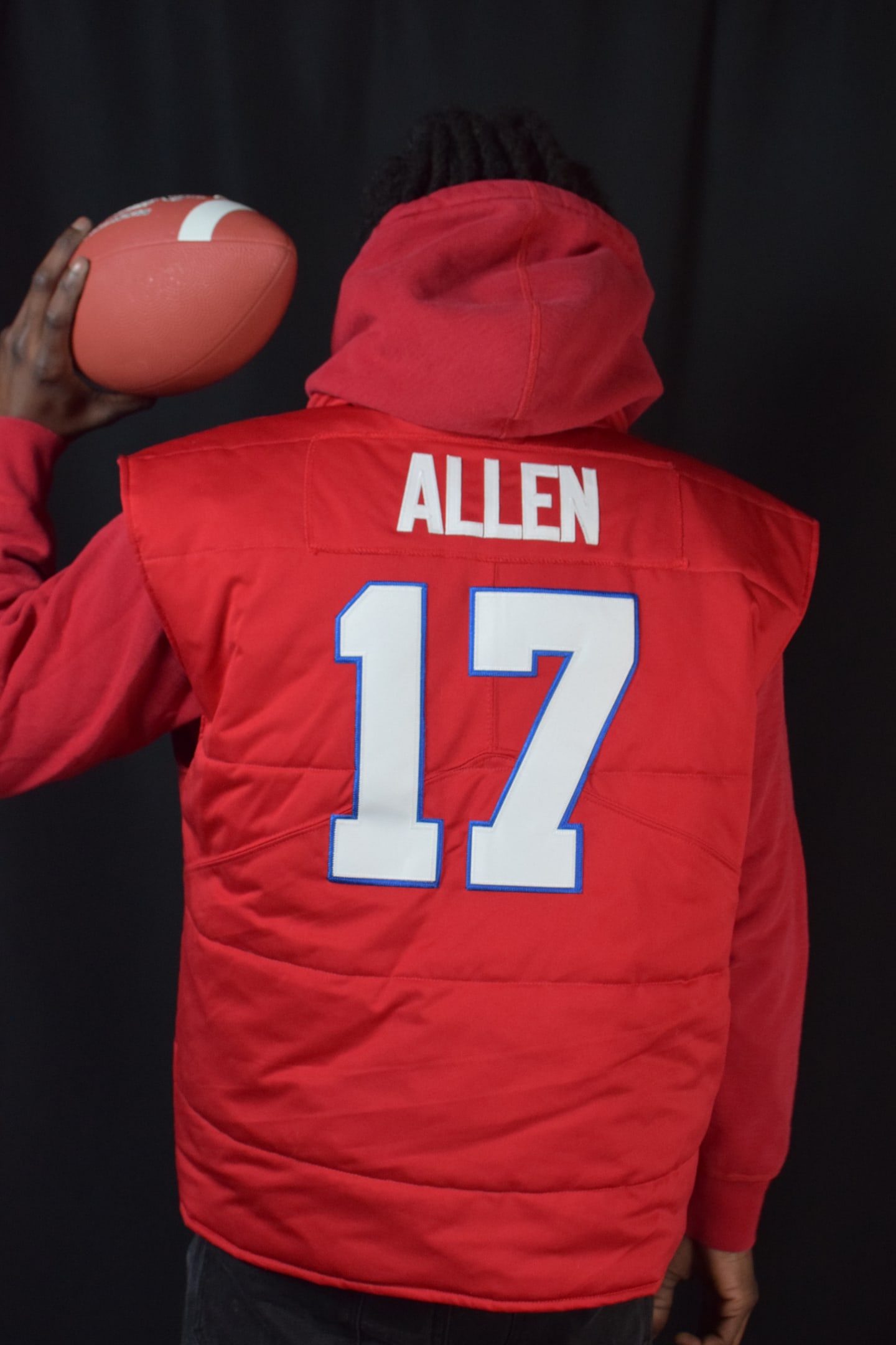 Custom TMADE puffer vest built from a Buffalo Bills Allen number 17 jersey