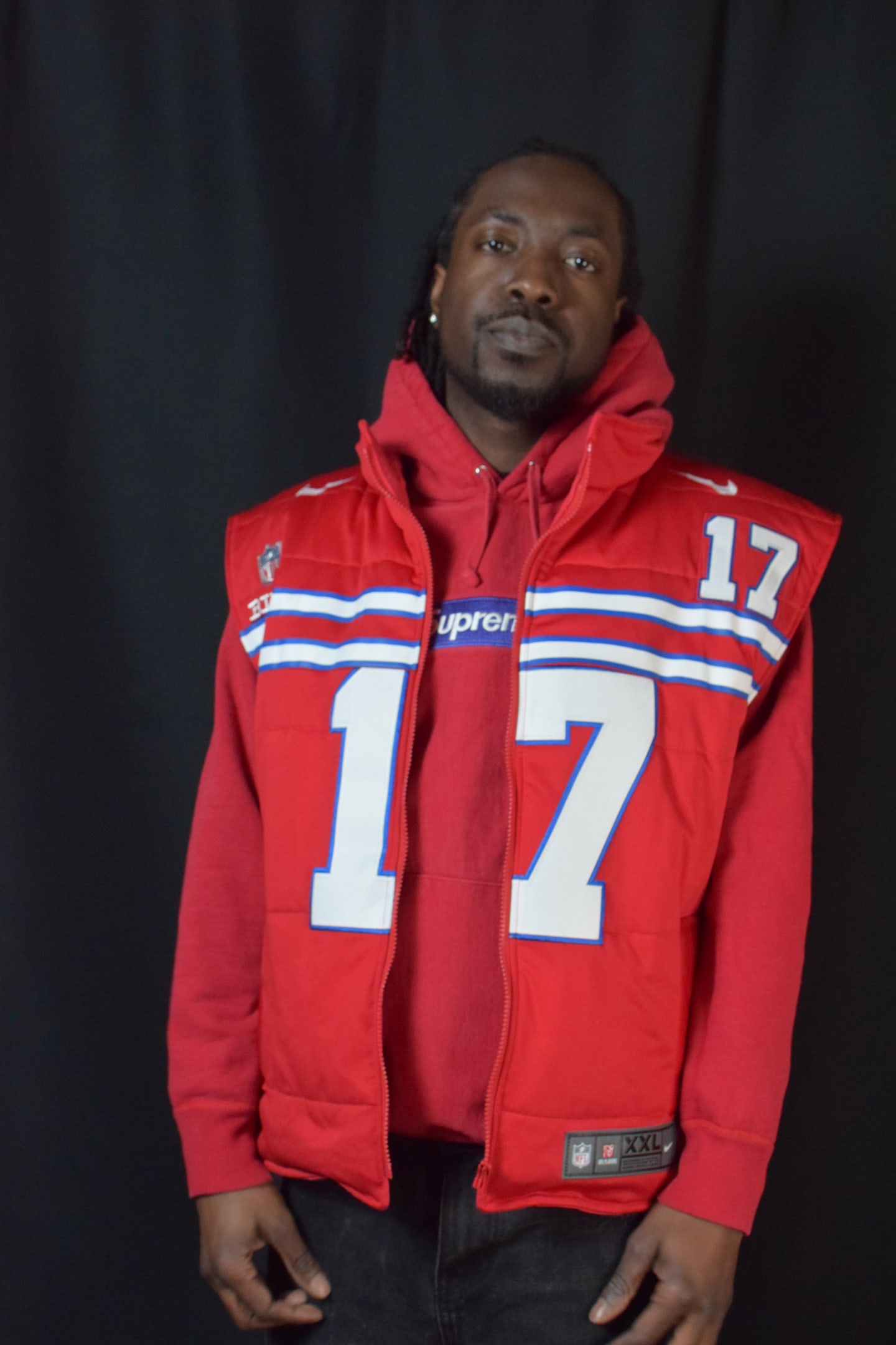 Custom TMADE puffer vest built from a Buffalo Bills Allen number 17 jersey