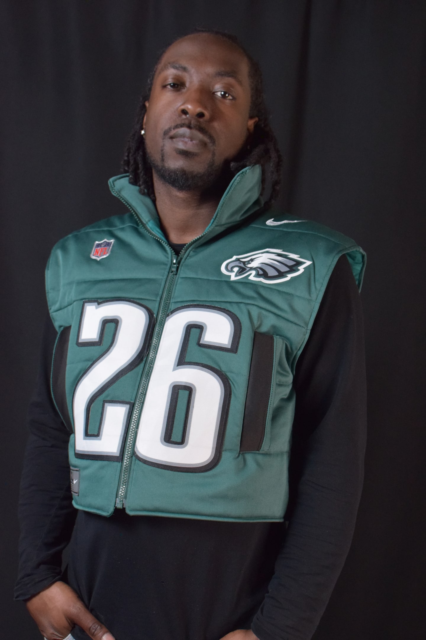 Custom TMADE puffer vest built from a Philadelphia Eagles Barkley number 26 jersey