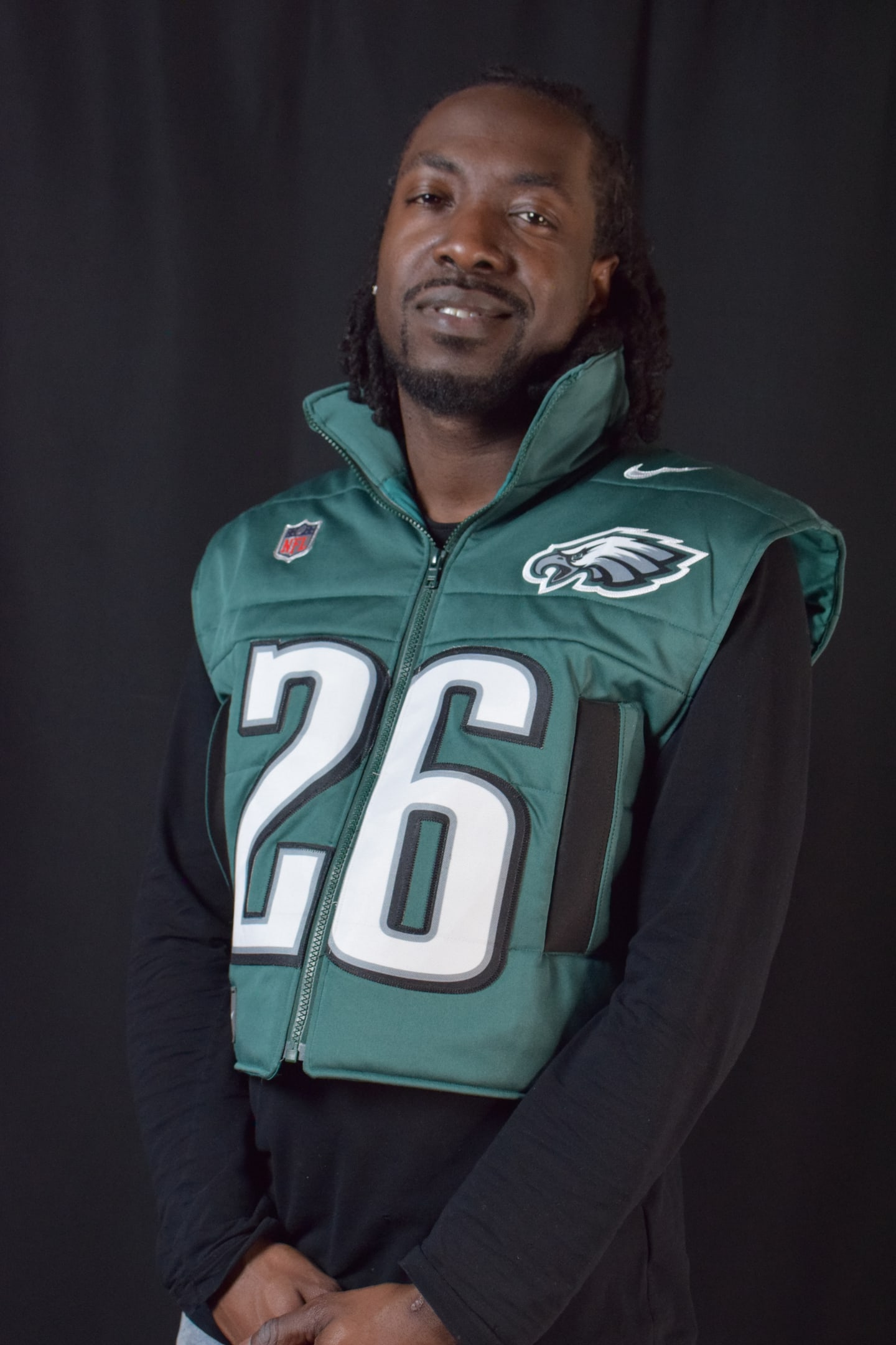 Custom TMADE puffer vest built from a Philadelphia Eagles Barkley number 26 jersey