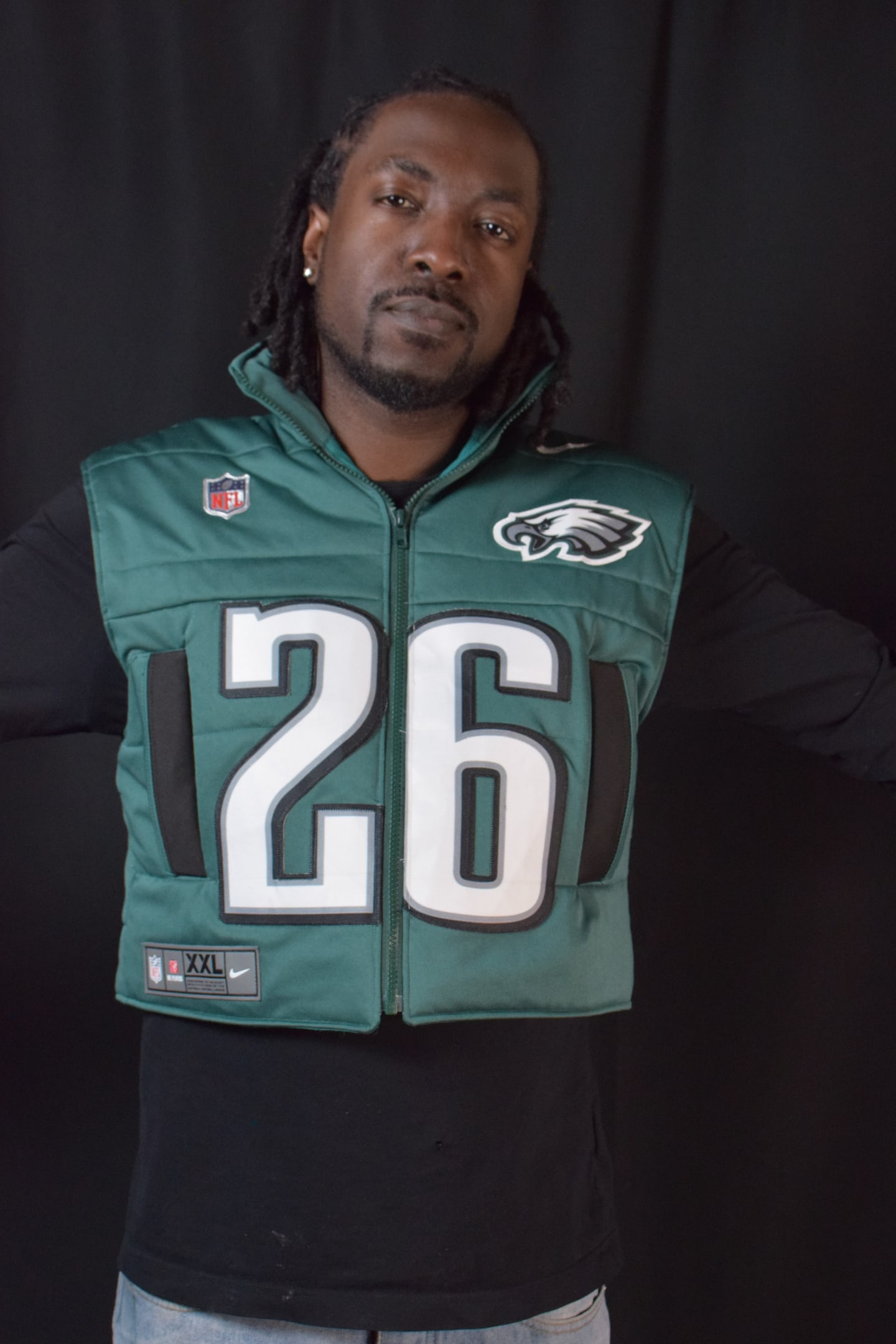 Custom TMADE puffer vest built from a Philadelphia Eagles Barkley number 26 jersey
