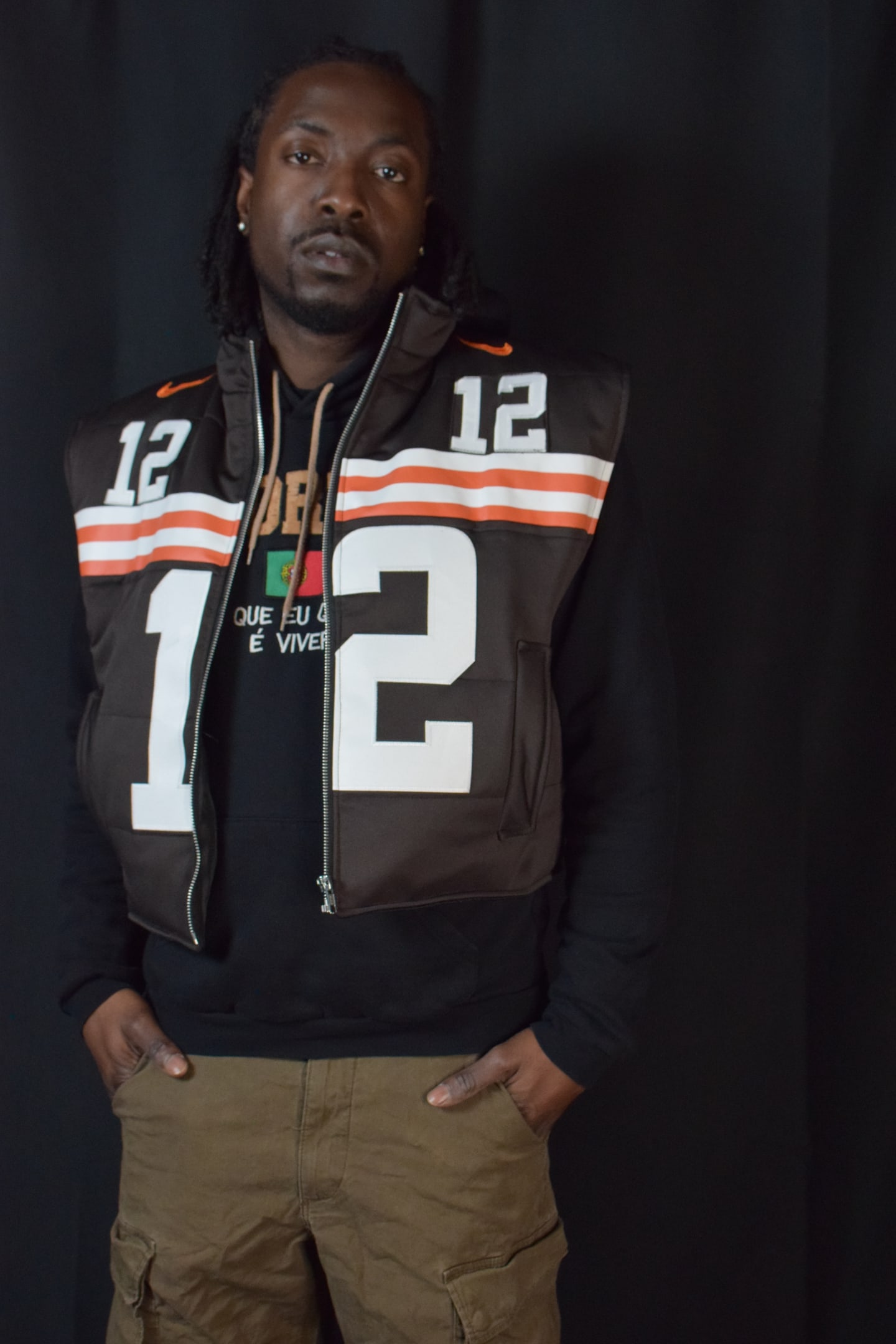 Custom TMADE puffer vest built from a Cleveland Browns Sanders number 12 jersey