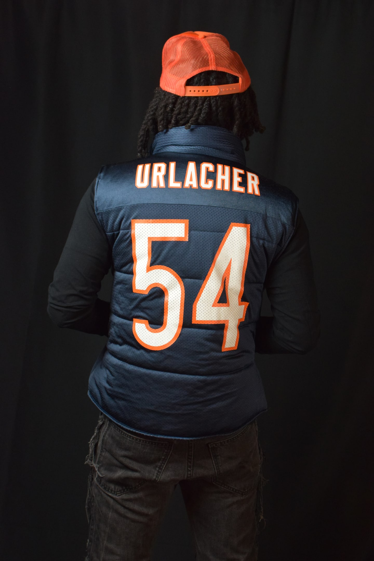 Custom TMADE puffer vest built from a Chicago Bears Urlacher number 54 jersey