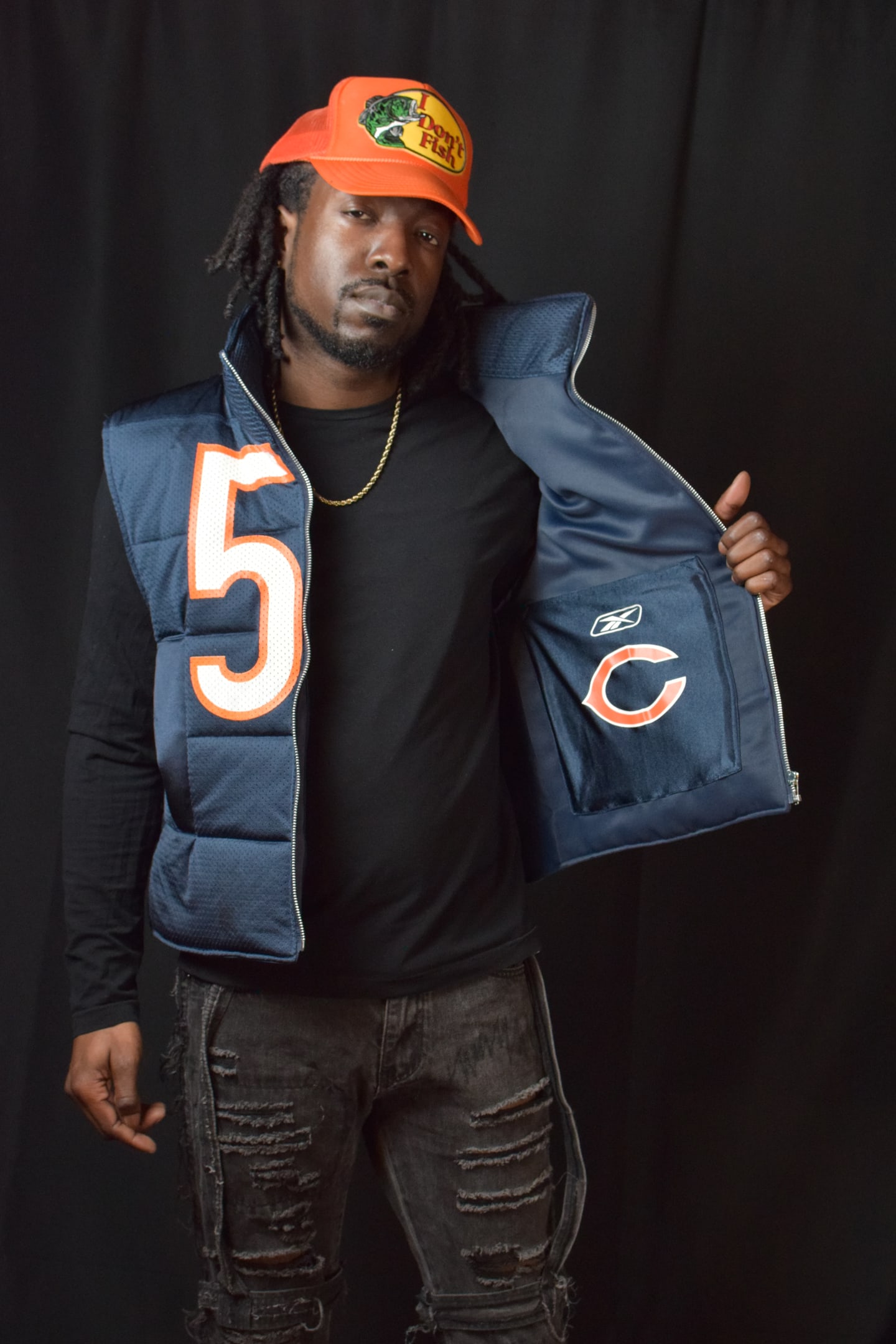 Custom TMADE puffer vest built from a Chicago Bears Urlacher number 54 jersey