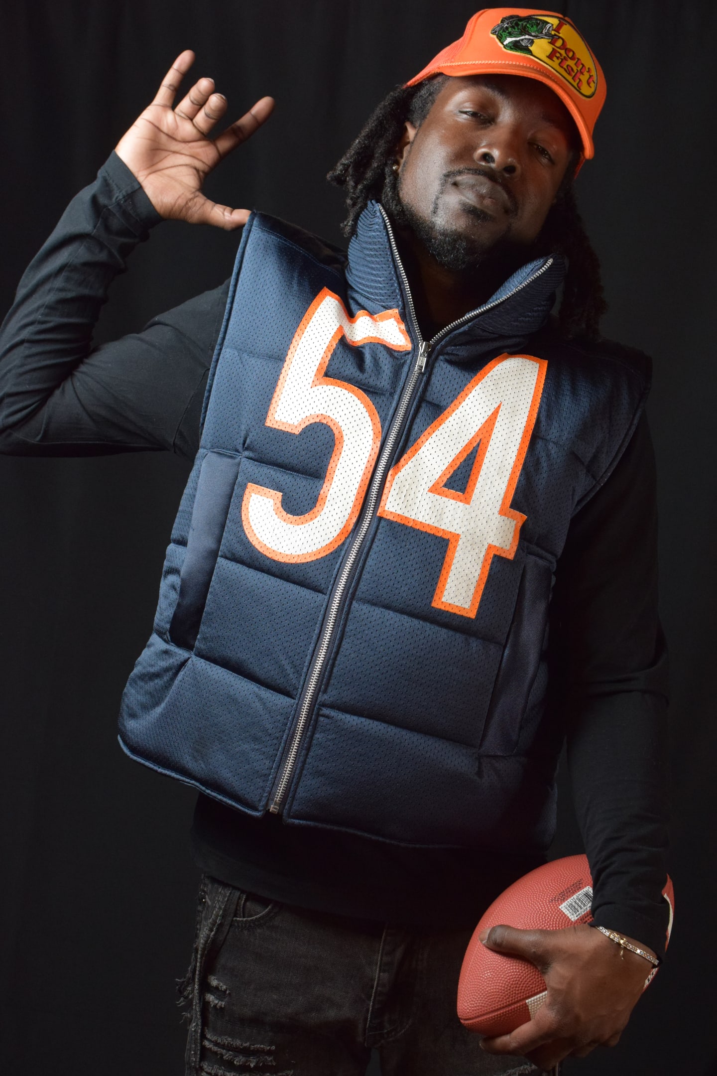 Custom TMADE puffer vest built from a Chicago Bears Urlacher number 54 jersey