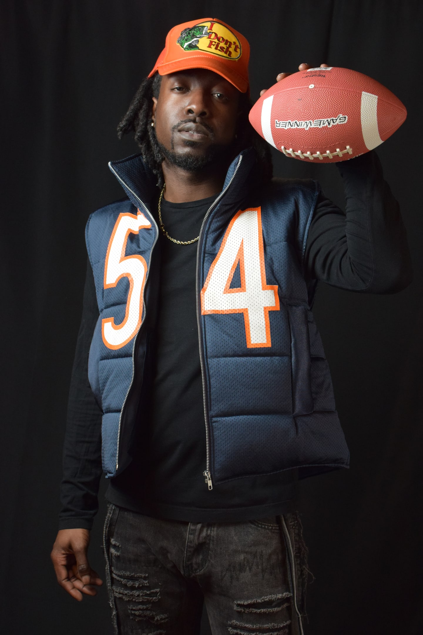 Custom TMADE puffer vest built from a Chicago Bears Urlacher number 54 jersey