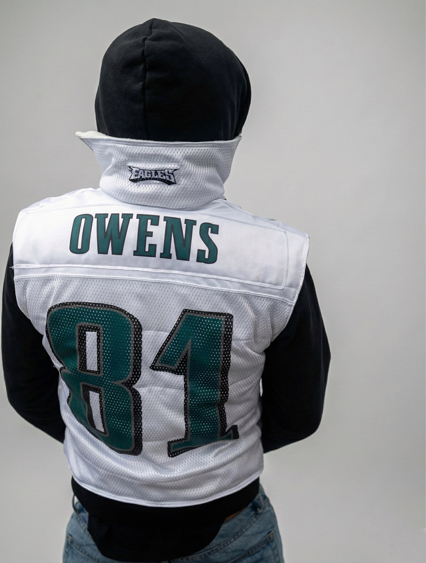 Custom TMADE puffer vest built from a Philadelphia Eagles Owens number 81 jersey