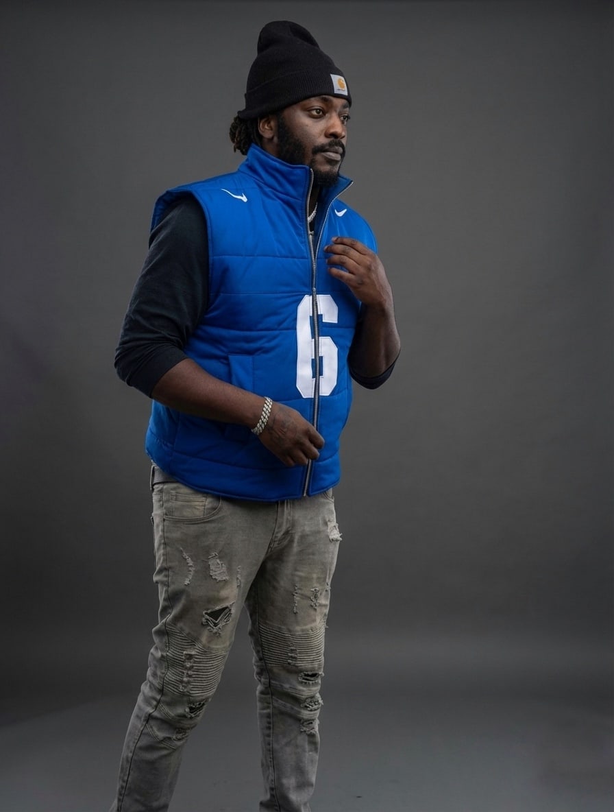 Custom TMADE puffer vest built from a New York Giants Dart number 6 jersey