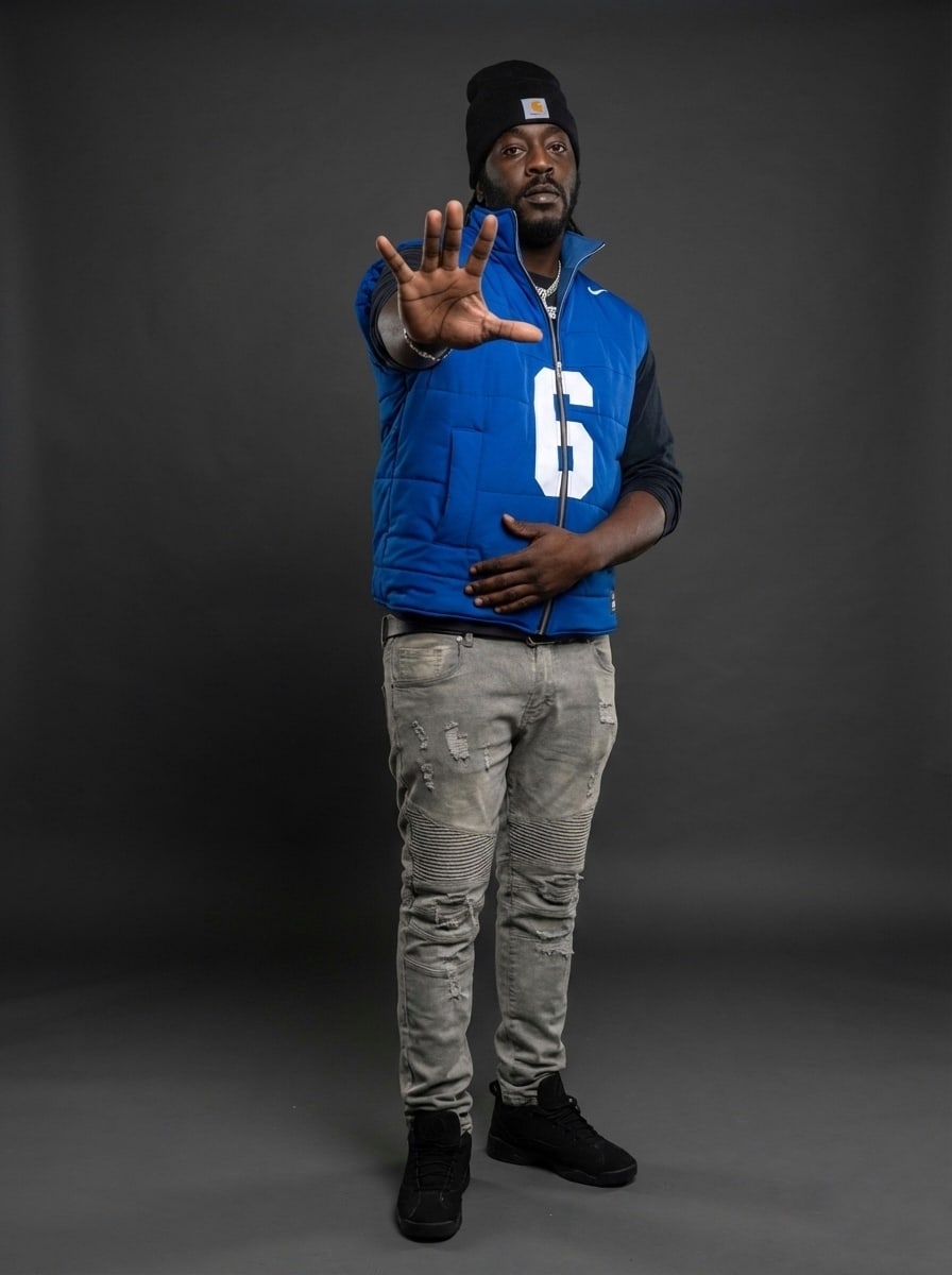 Custom TMADE puffer vest built from a New York Giants Dart number 6 jersey